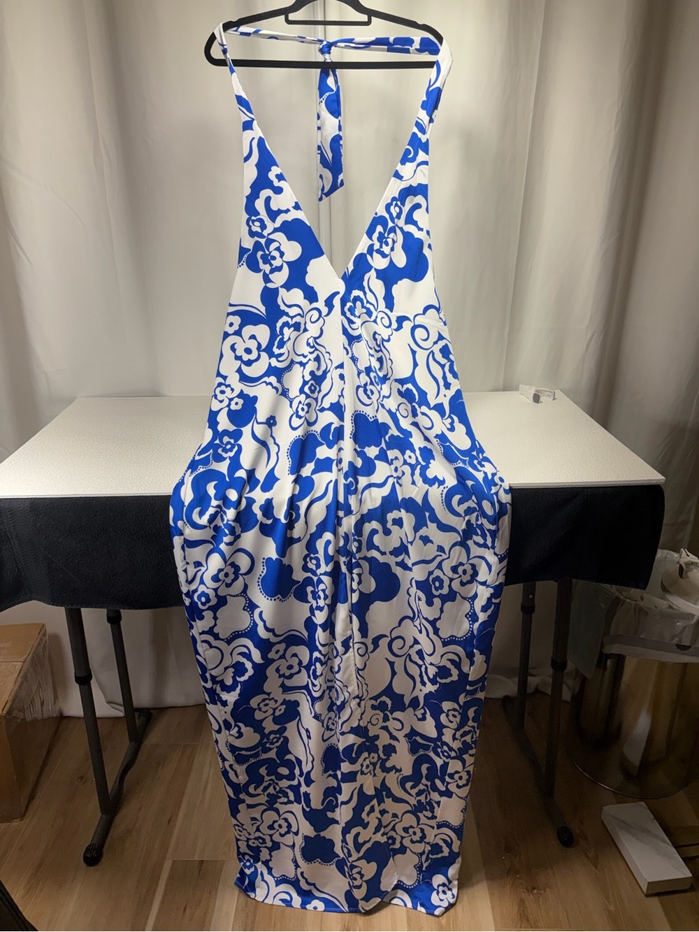 Sugarlips Blue and White Floral Backless Halter Maxi Dress 4469